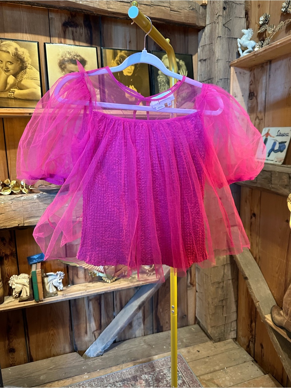 Anthropologie Hot Pink Tulle Puff-Sleeve Costume Top